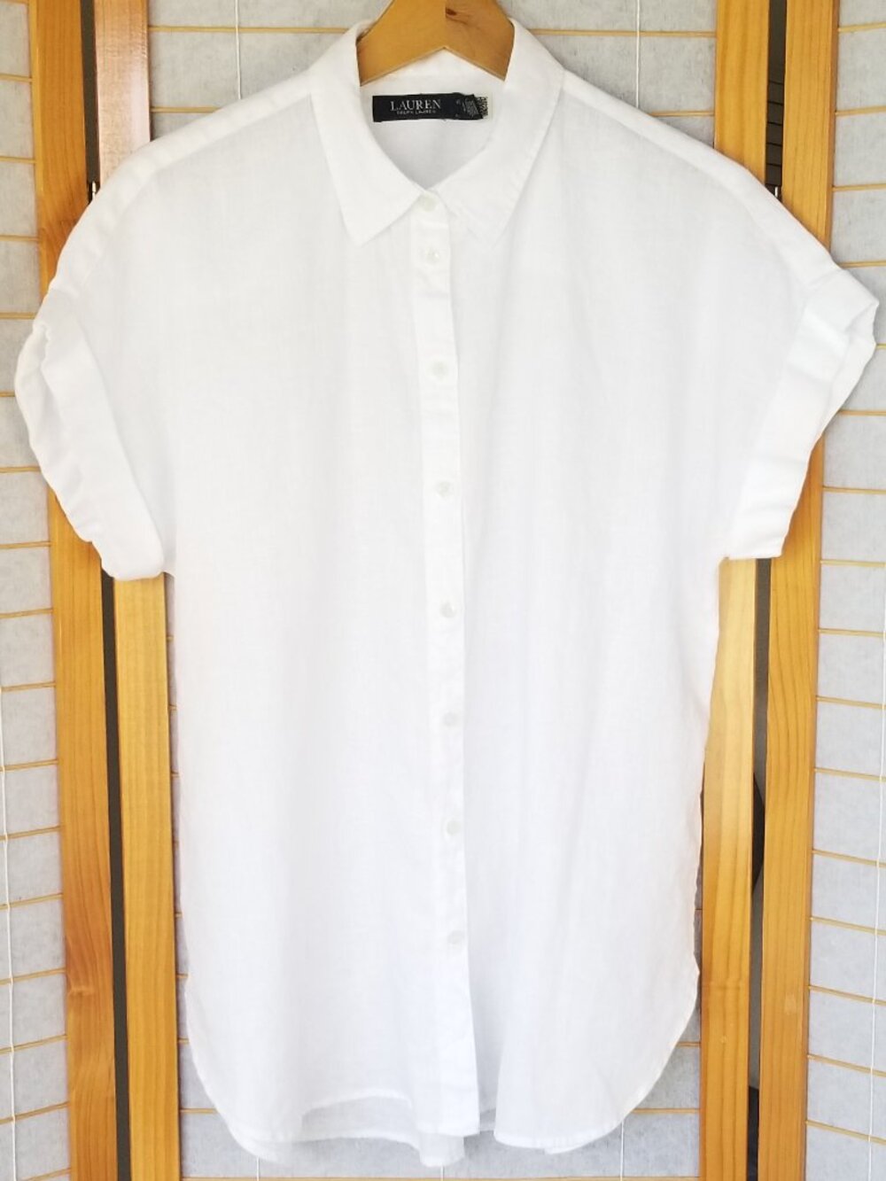 Ralph Lauren White 100% Linen Blouse Top Short Sleeves Women's Large Black Label